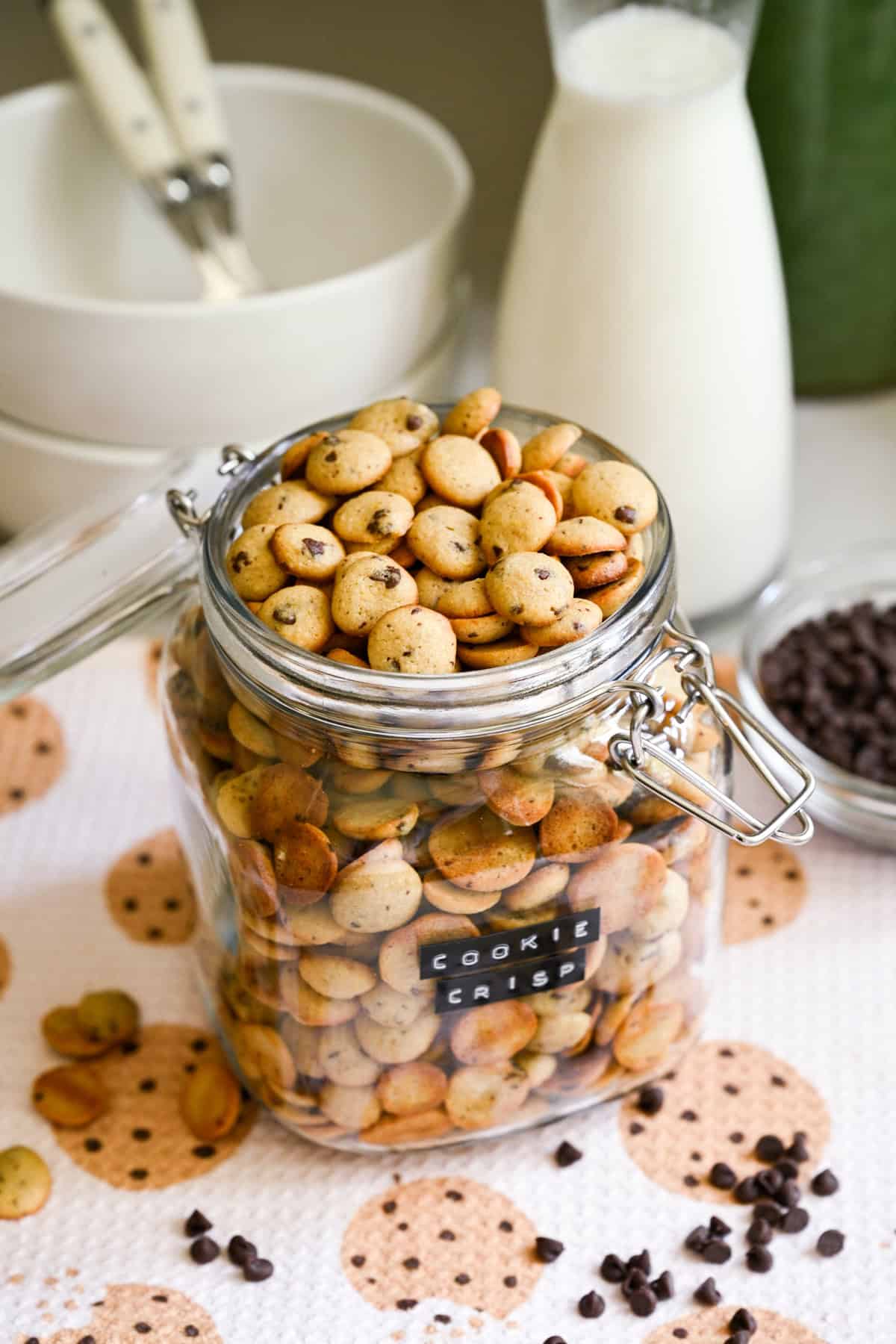 Front view of cookie crisp cereal in a jar.