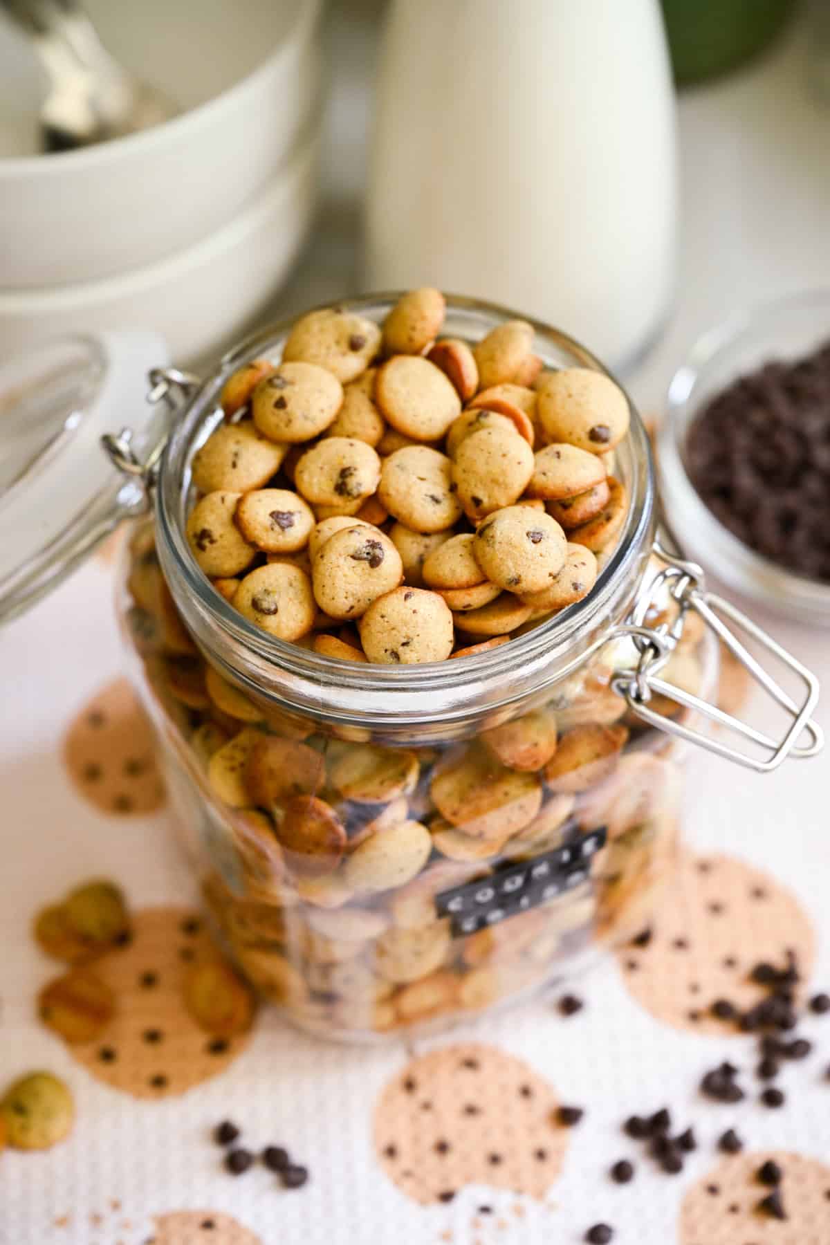 Overhead view of cookie crisp cereal in a jar.