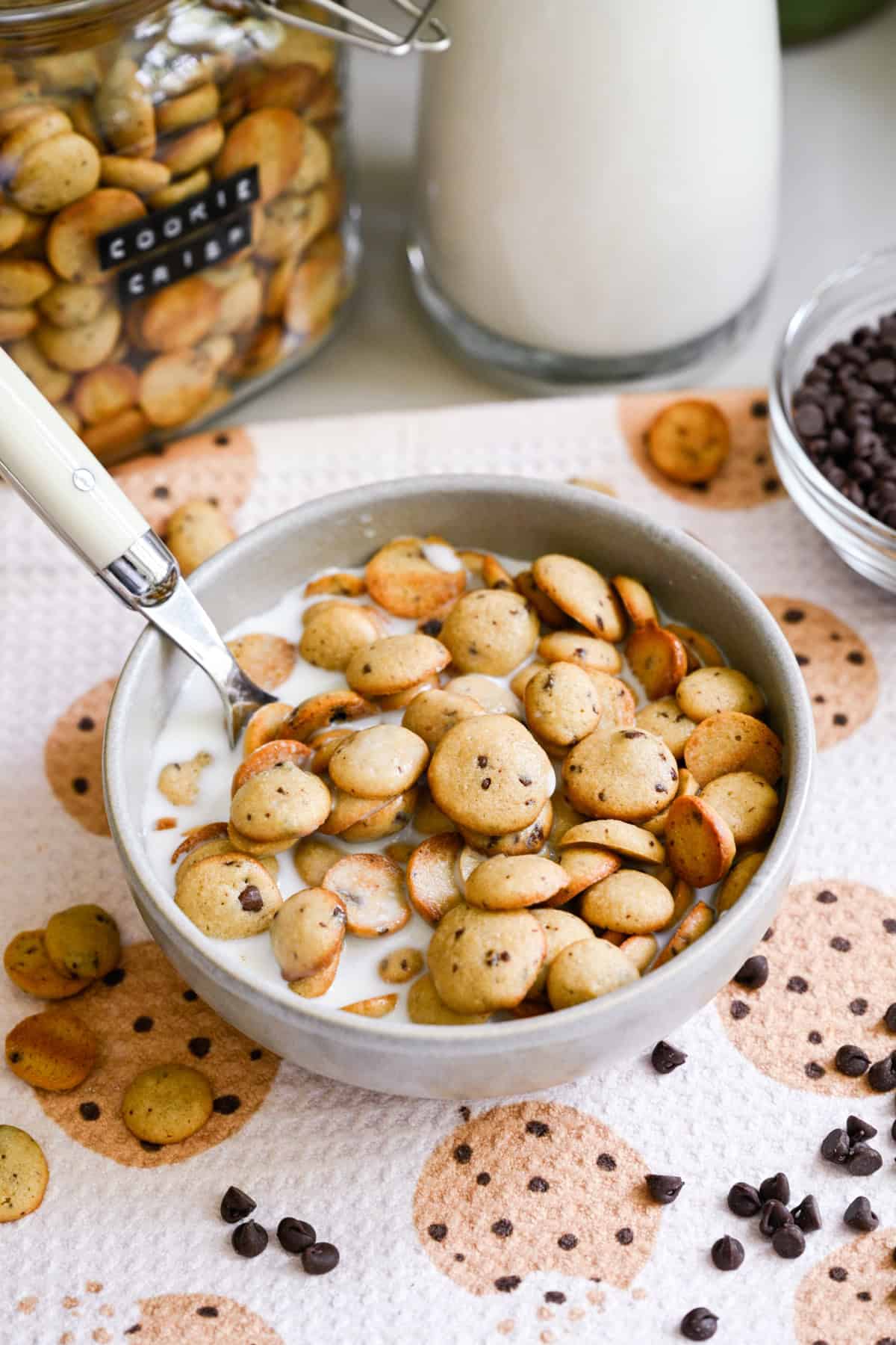 Overhead view of homemade cookie crisp cereal in a bowl.