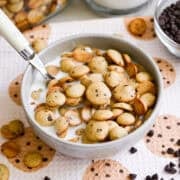 Overhead view of cookie crisp cereal in a bowl.