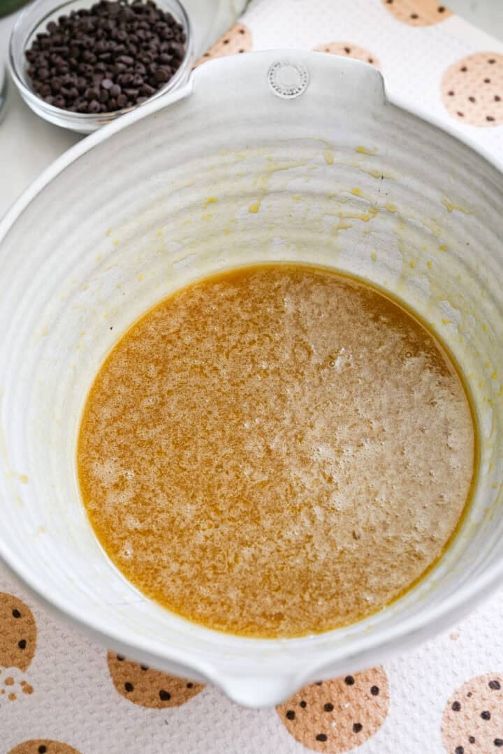 Overhead view of cookie crisp batter wet ingredients.