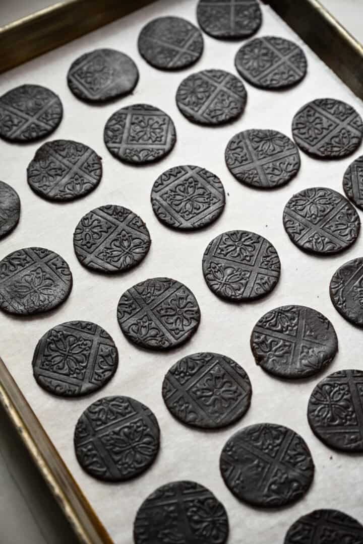 homemade oreo cookies on baking sheet before baking.