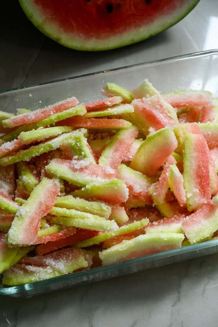 Watermelon rinds coated in sugar.