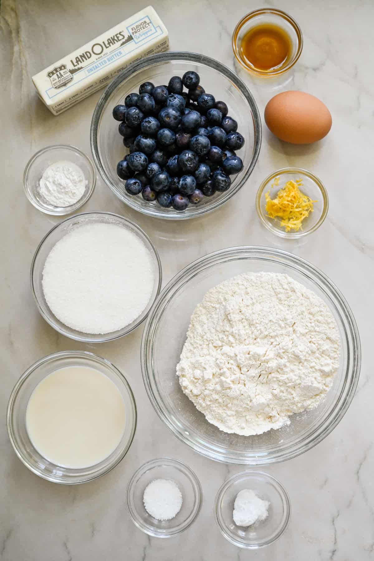 Overhead view of muffin top ingredients.