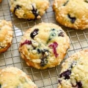 Overhead view of muffin top on a cooling rack.