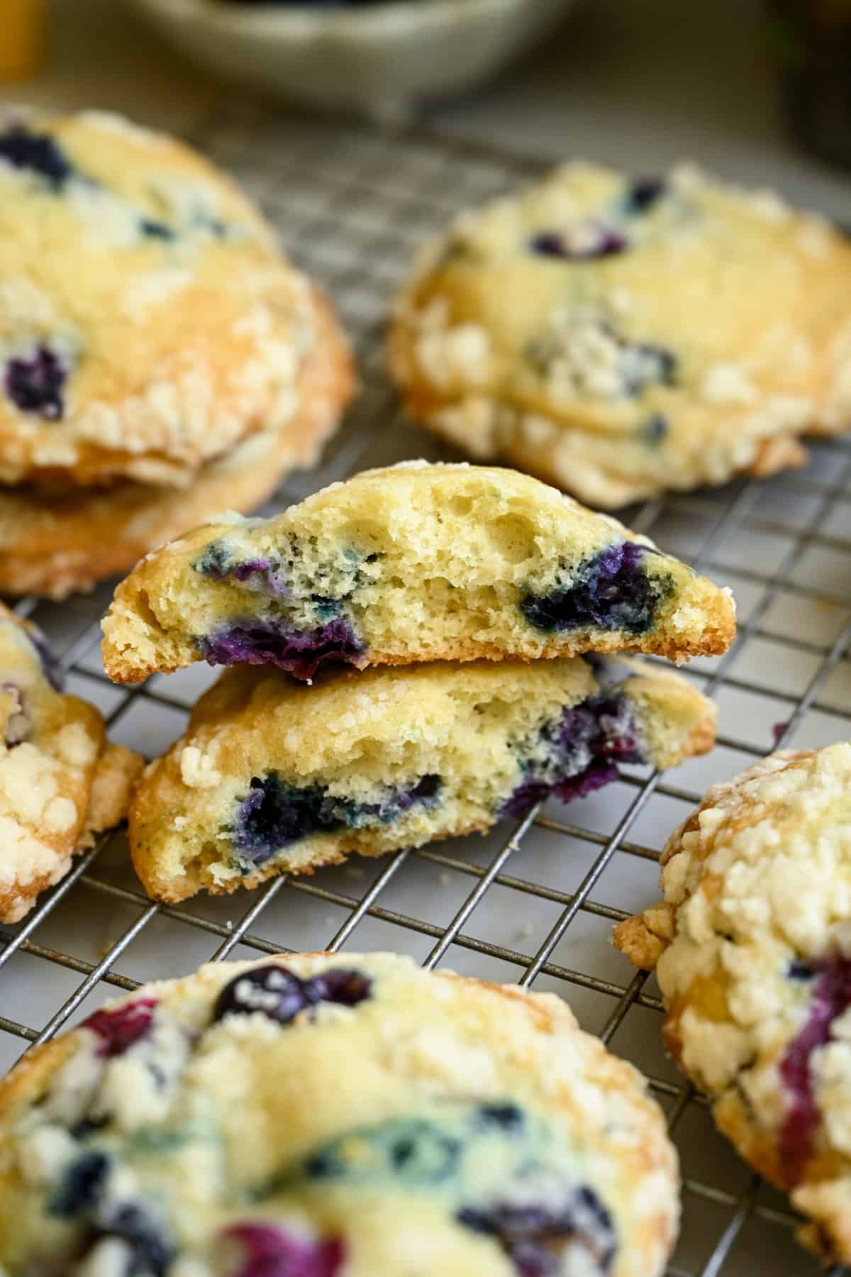 Front view of muffin top broken in half.