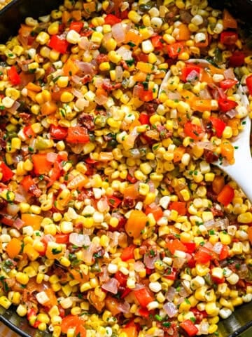 overhead view of confetti corn in a skillet.