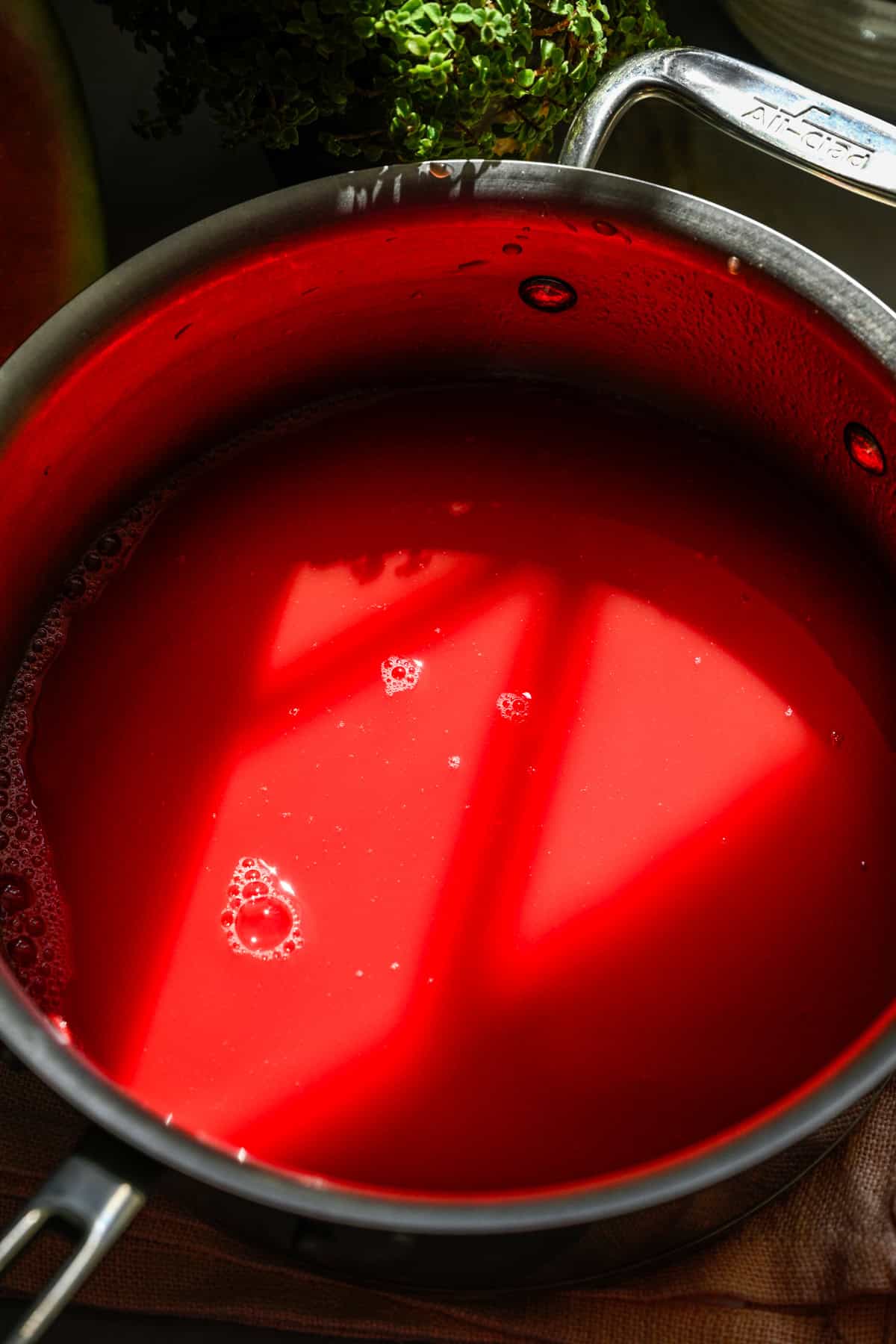 Overhead view of watermelon juice in a saucepan.