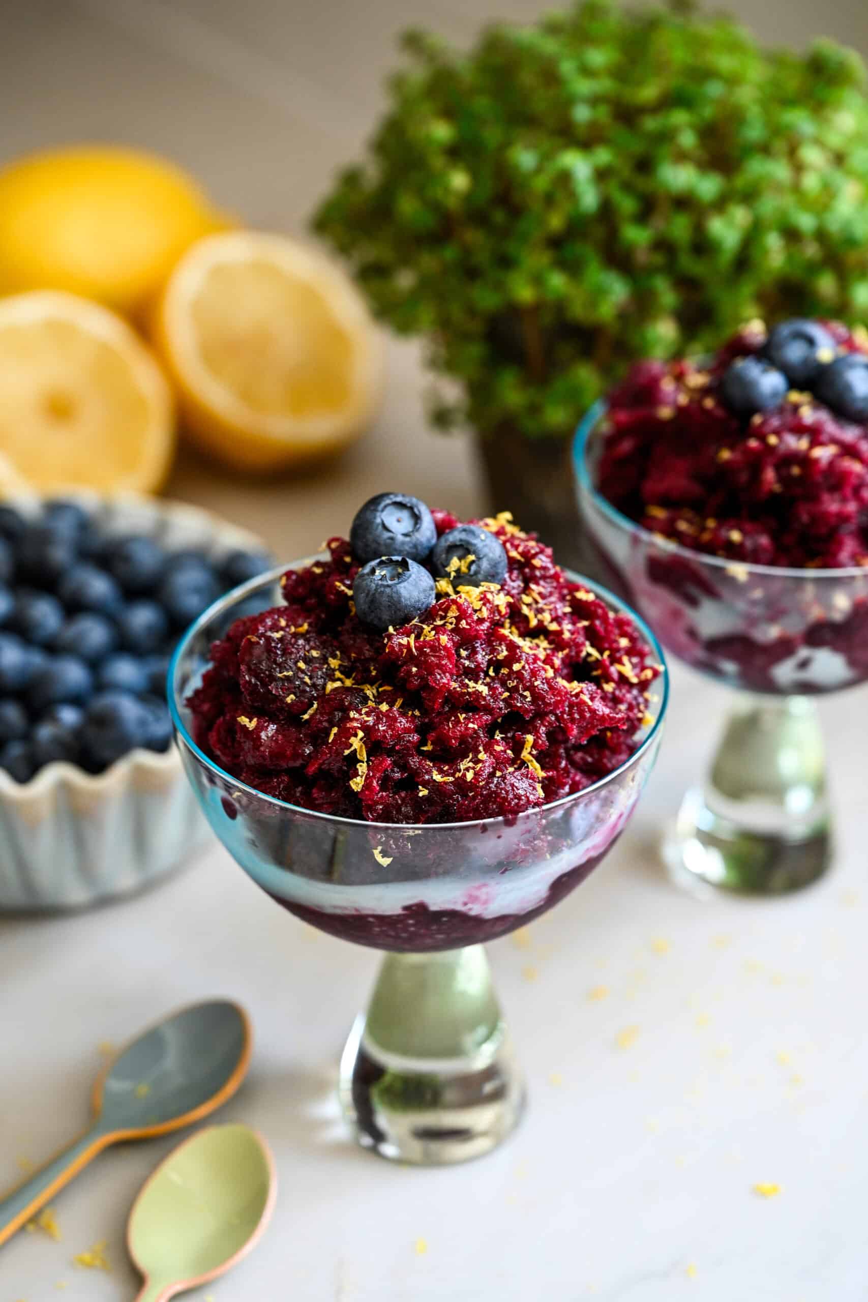 Blueberry granita in a cocktail glass topped with blueberries and lemon zest.