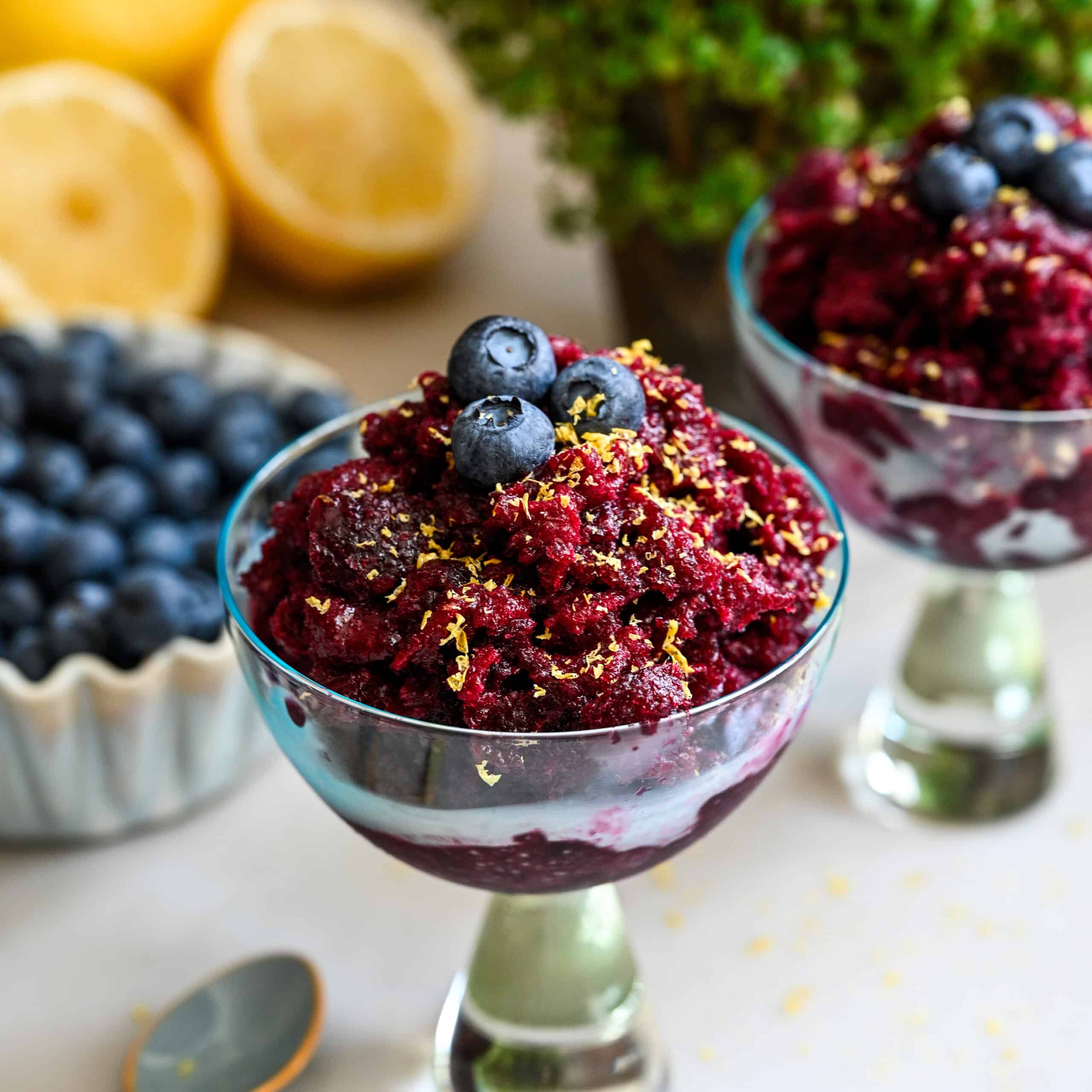 Blueberry granita in a cocktail glass topped with blueberries and lemon zest.