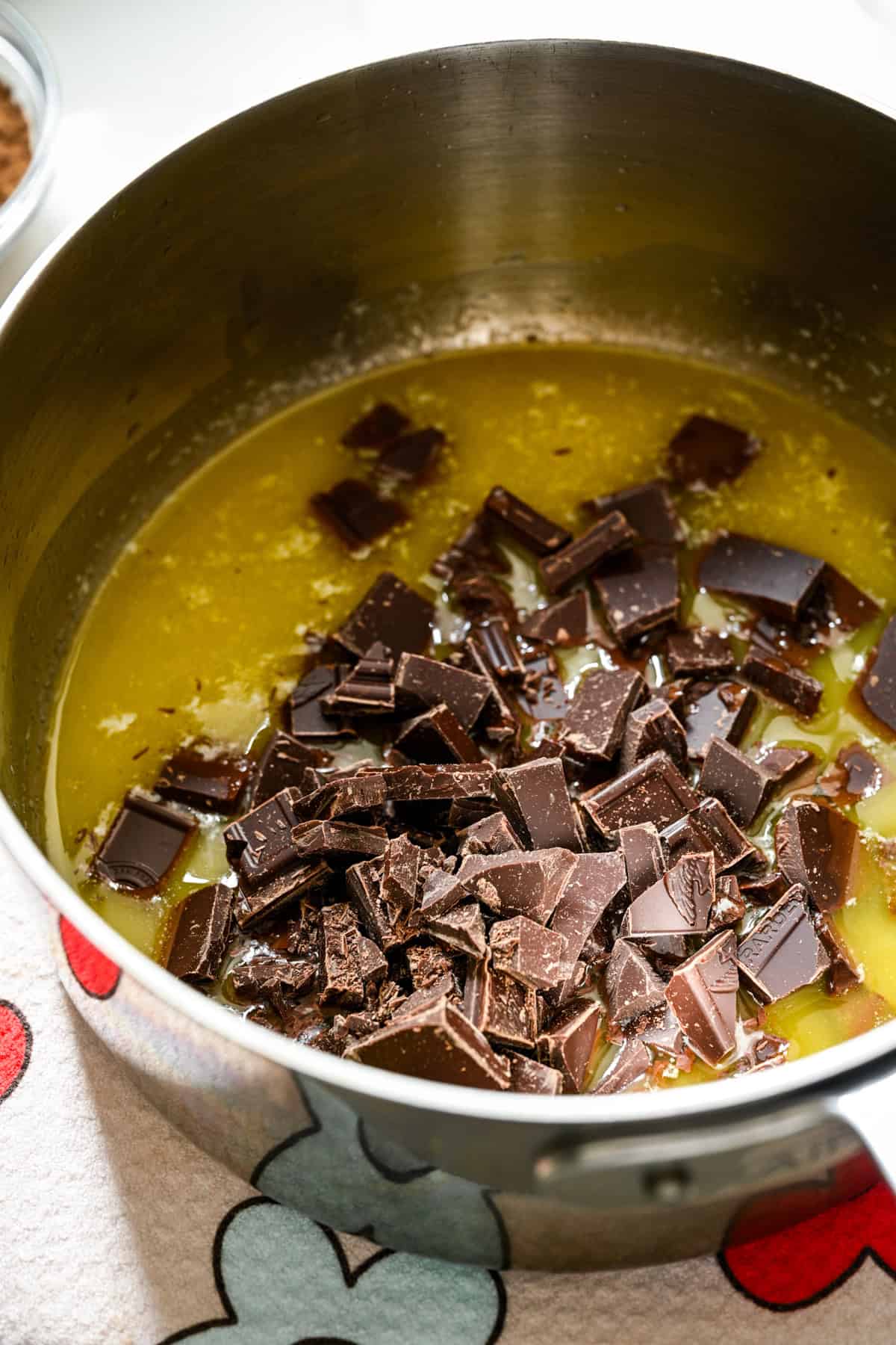 Melted butter and chocolate in a saucepan.