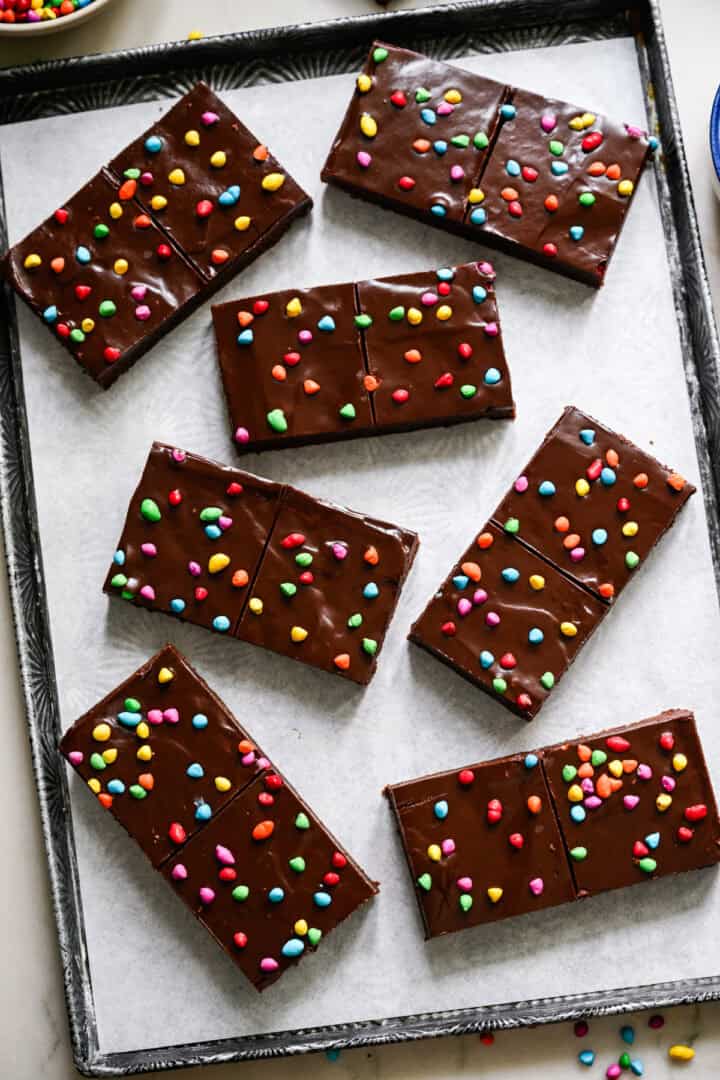 Overhead view of cosmic brownies on a tray.