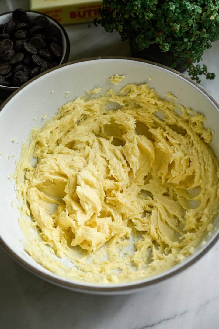 butter and sugar creamed together in mixing bowl.