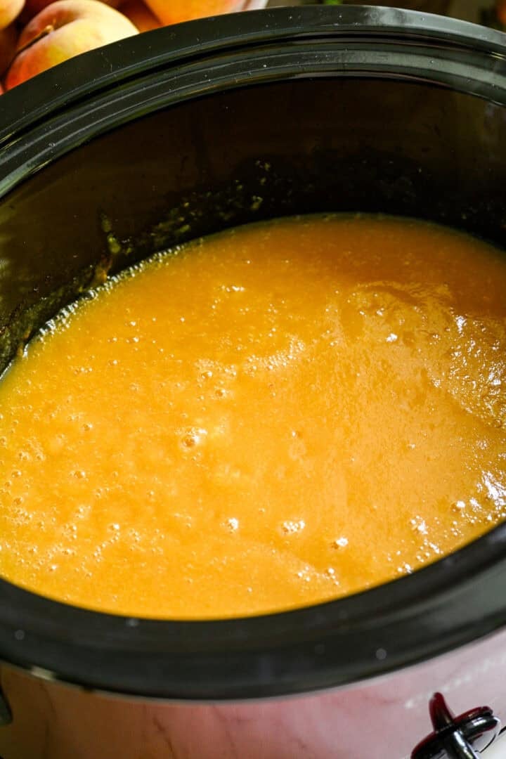 Overhead view of peach butter after blending.