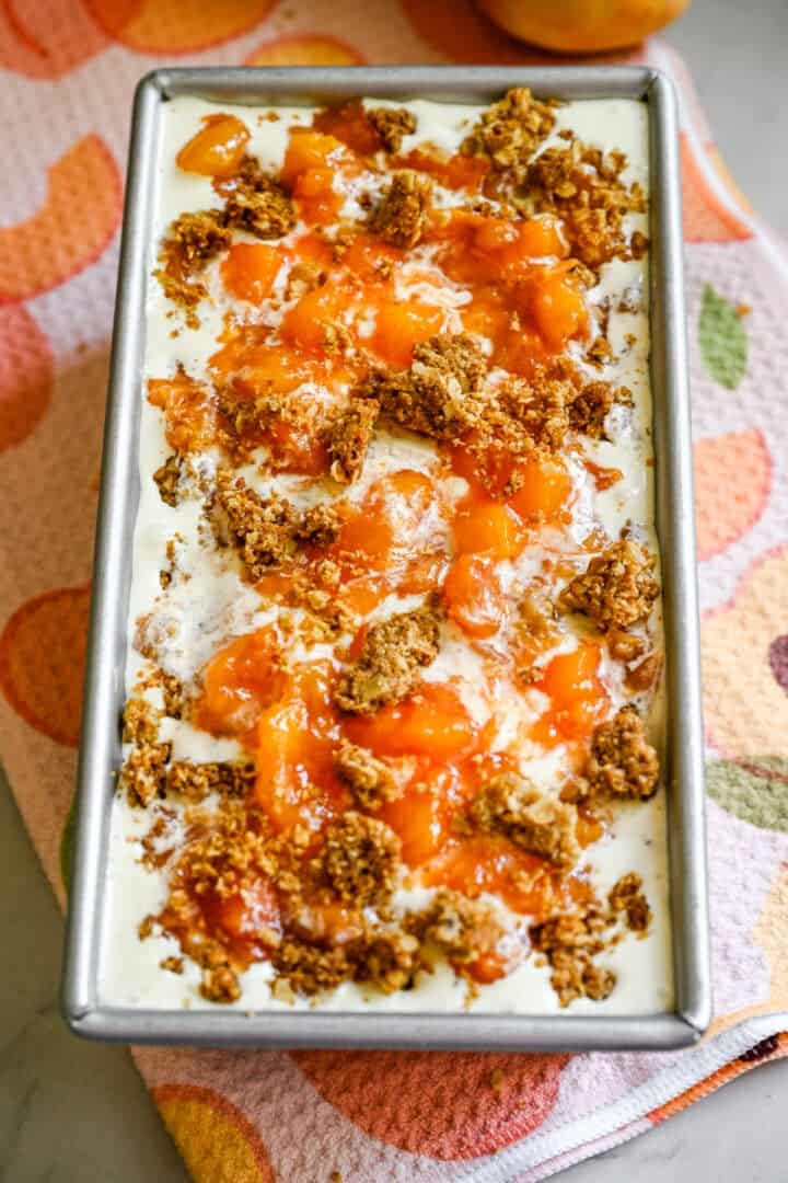 Overhead view of peach crisp ice cream.