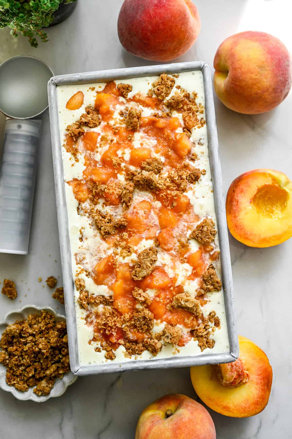 Overhead view of peach crisp ice cream.