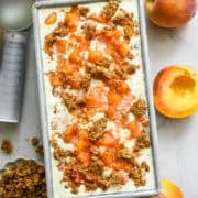 Overhead view of peach crisp ice cream.