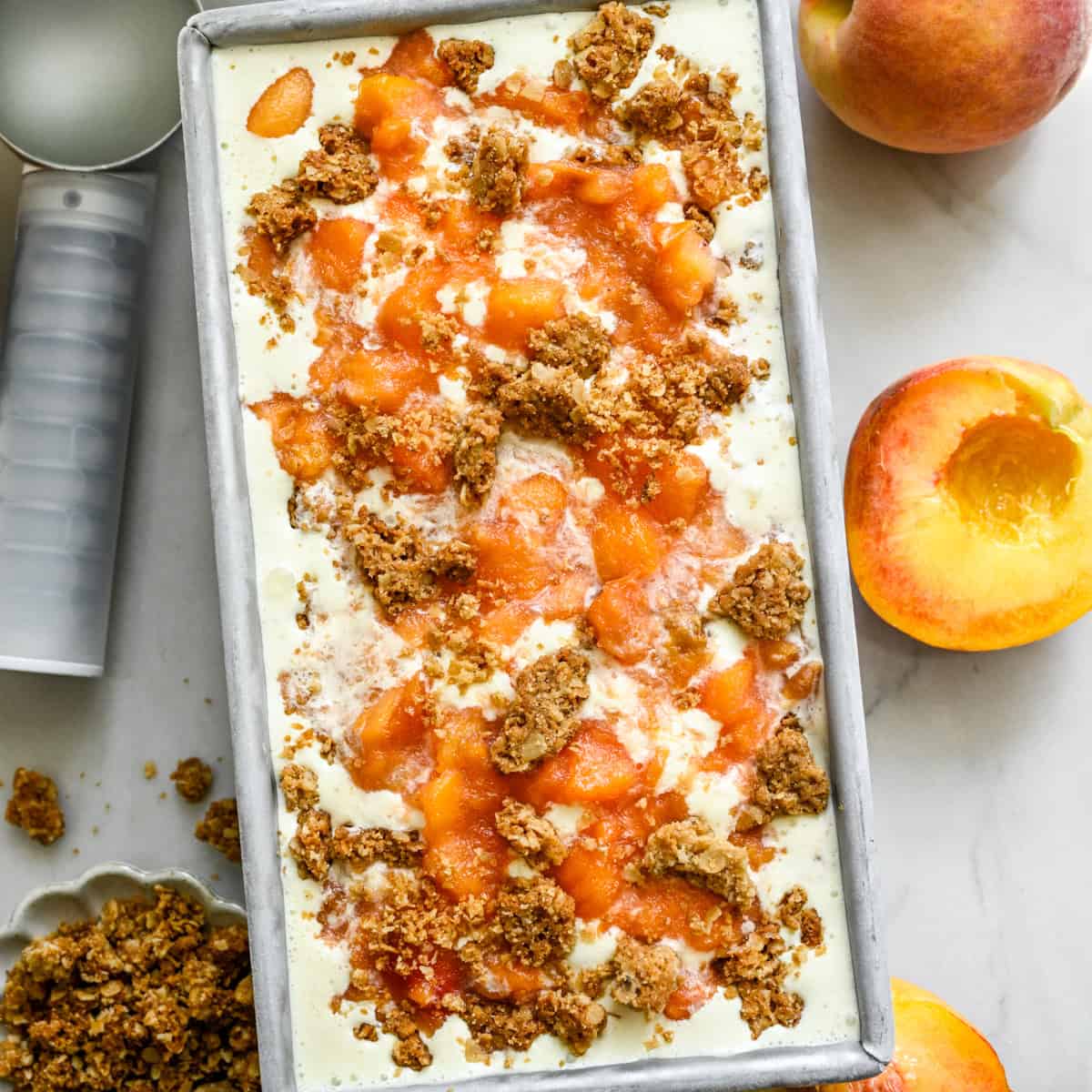 Overhead view of peach crisp ice cream.