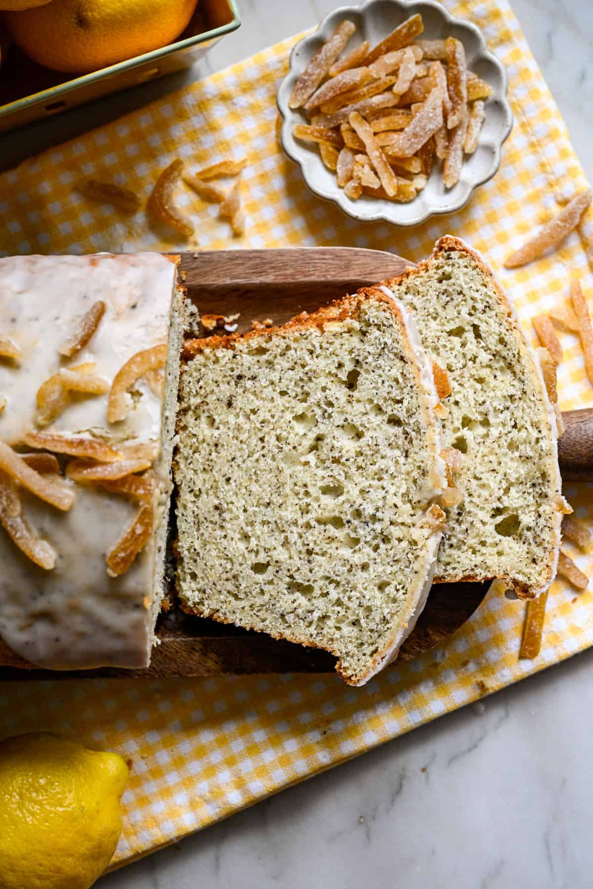 Close up view of 2 slices of yuzu earl grey loaf cake.