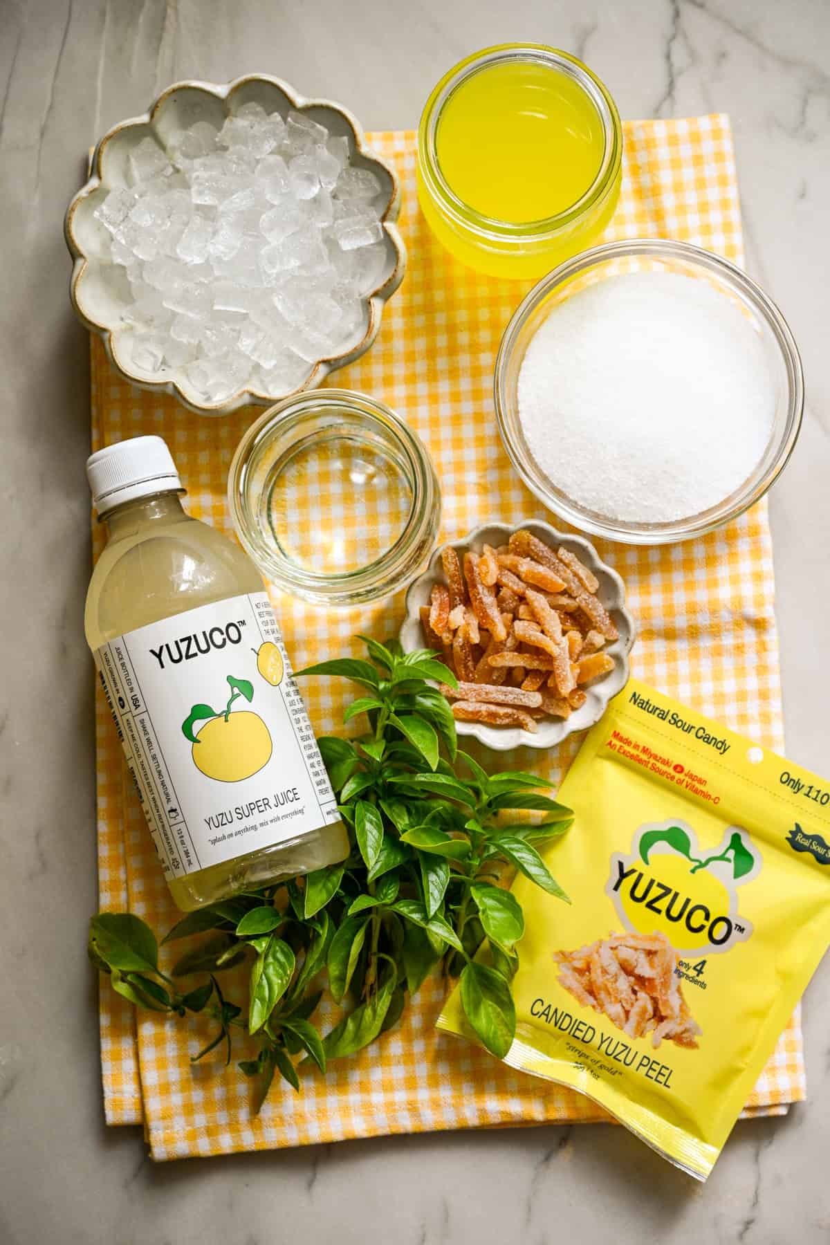 overhead view of ingredients for frozen limoncello cocktail.