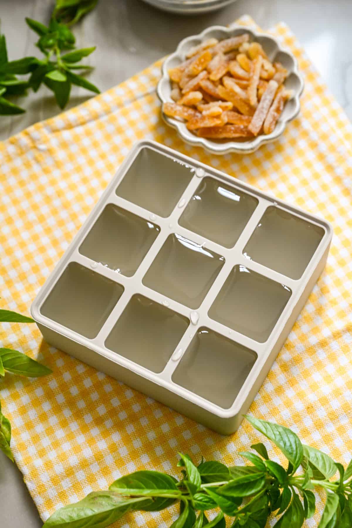 yuzu juice in ice cube tray before freezing.