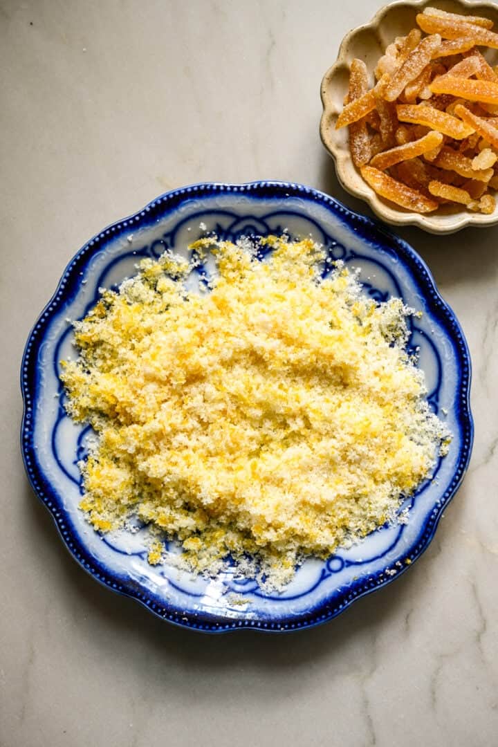 lemon zest and sugar combined on a plate.