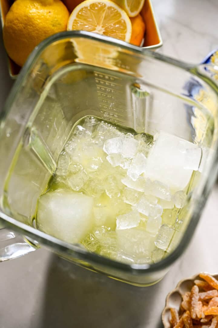 frozen limoncello cocktail mixture in blender before blending.