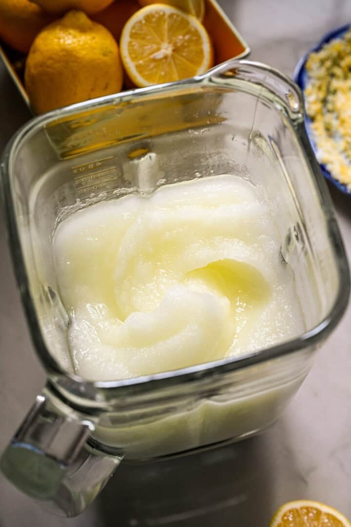 frozen limoncello cocktail mixture in blender after blending.