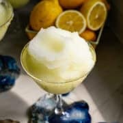 close up view of frozen limoncello cocktail in a coupe glass.