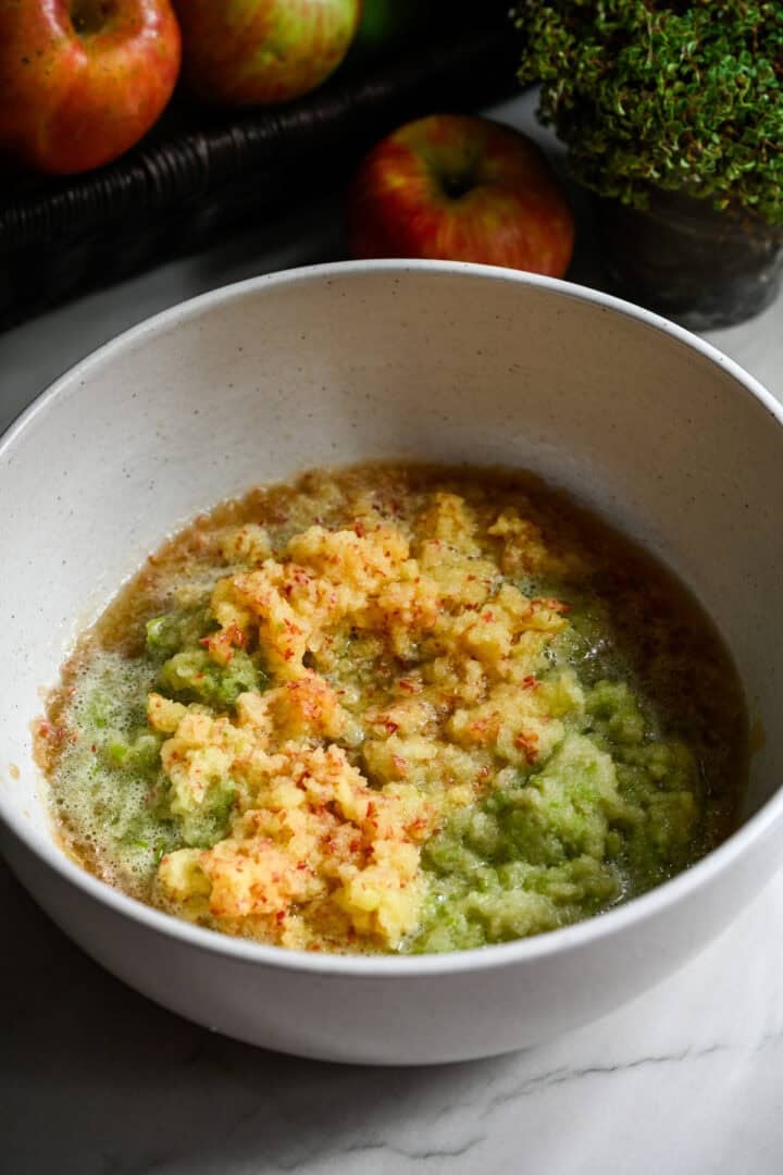 Overhead view of apple mash in a bowl.