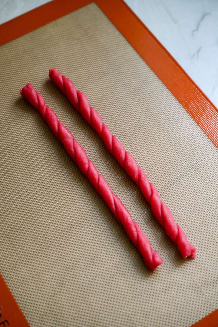 Overhead view of twizzlers on a silpat.