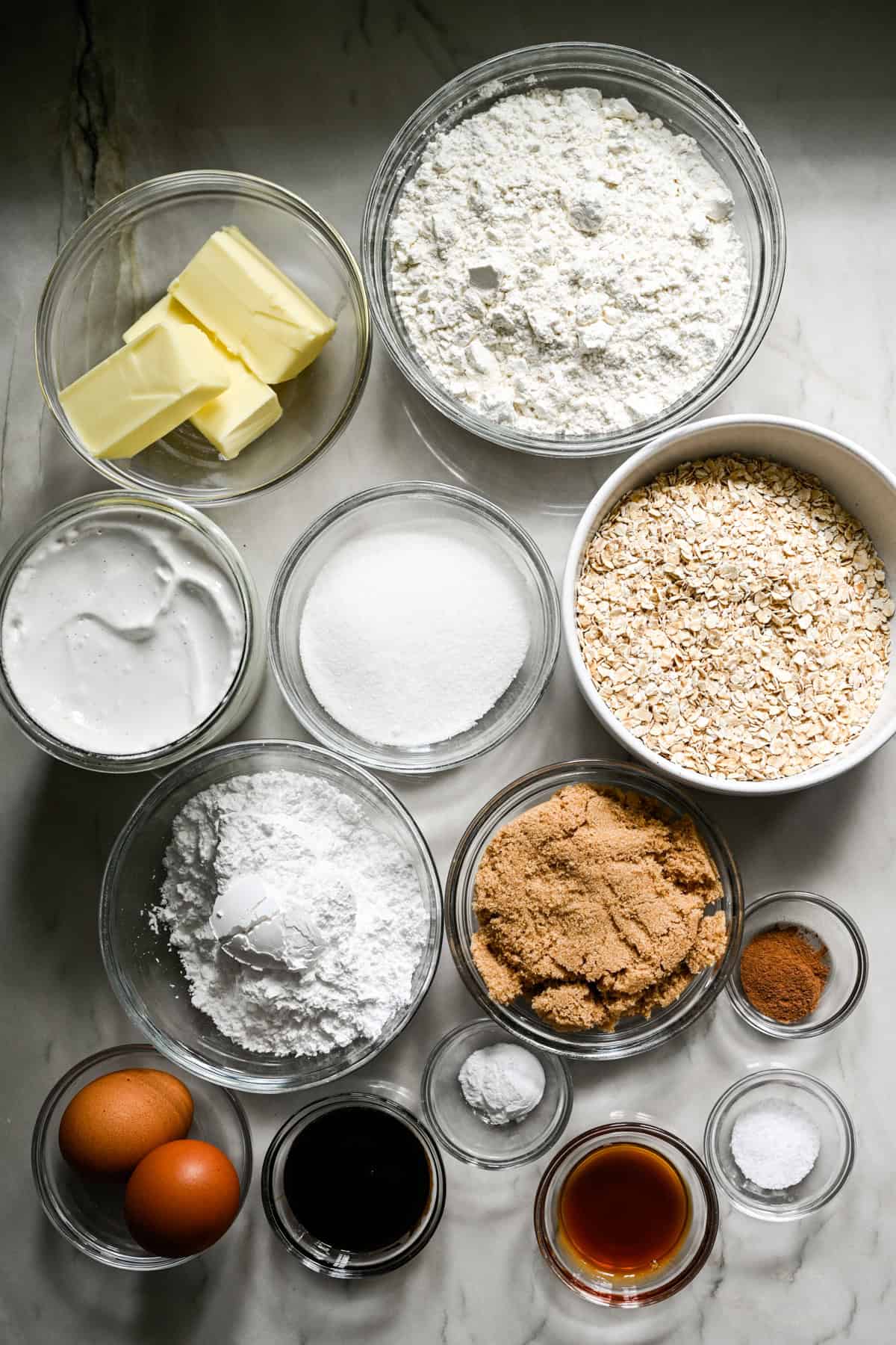 Overhead view of oatmeal creama pie ingredients.