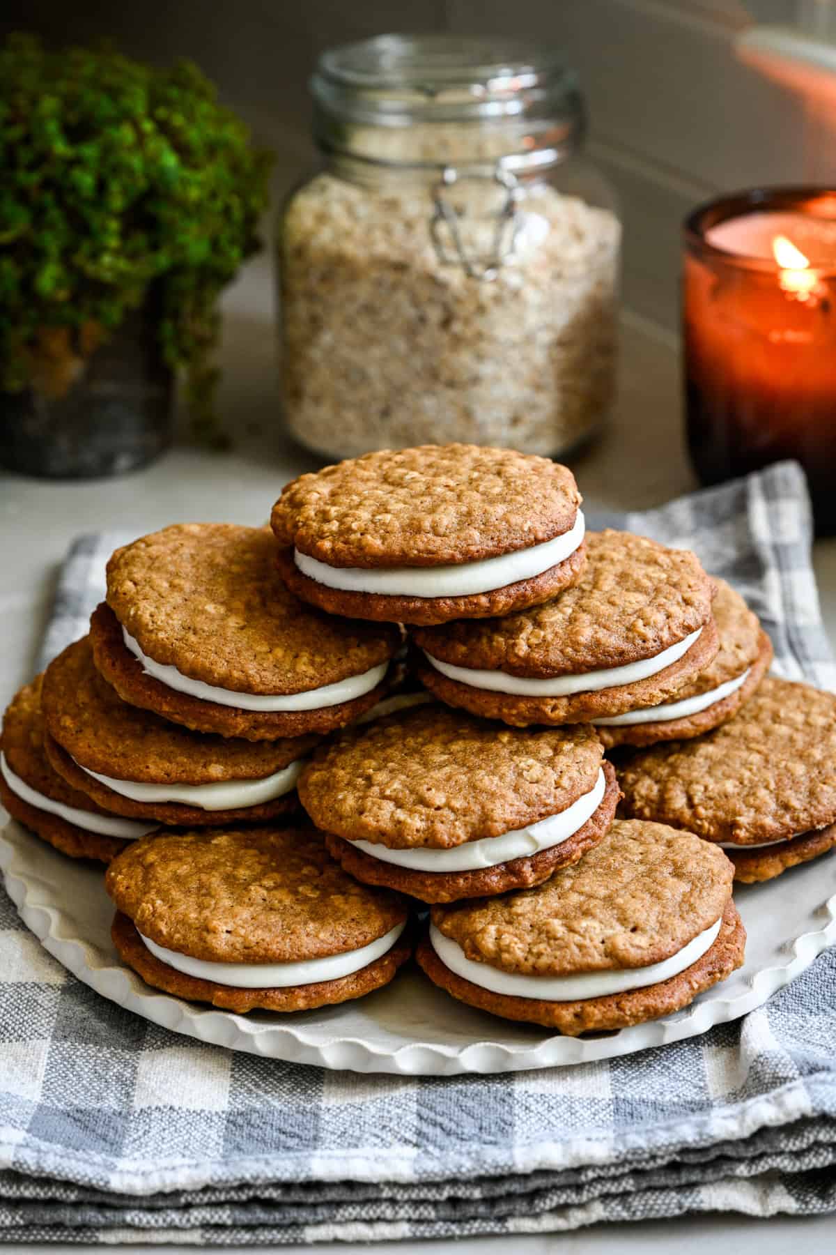 Front view of oatmeal cream pies on a plate.