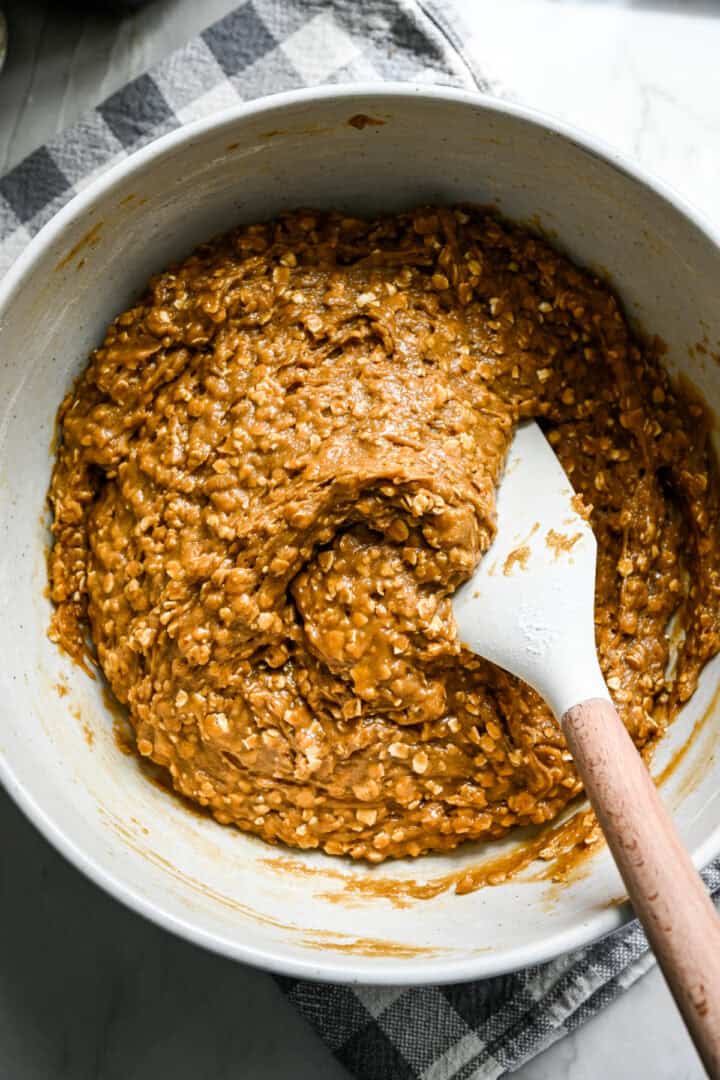 Oatmeal cream pie dough in a bowl.
