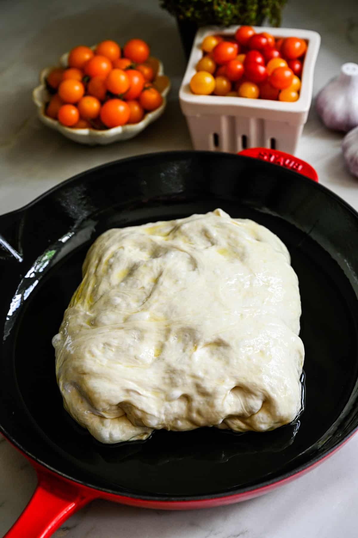 focaccia dough in skillet before the last rise.