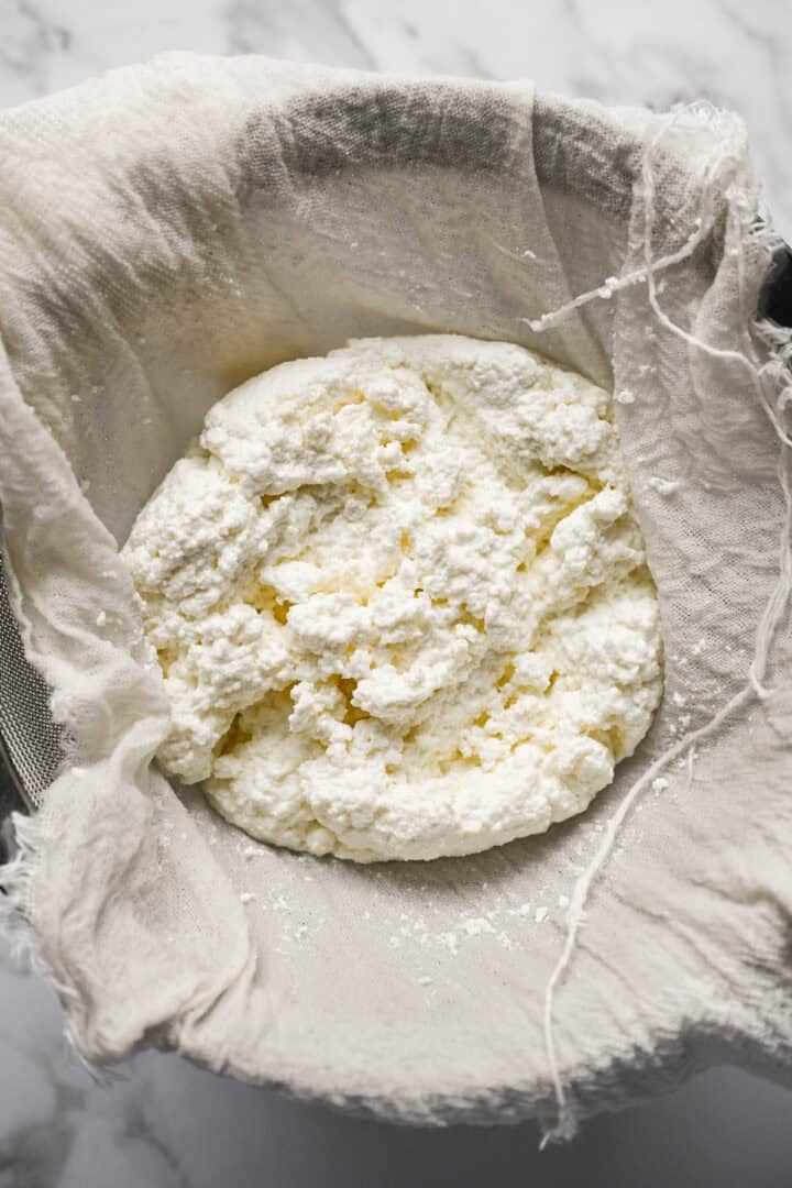 Close up view of drained cottage cheese curds in cheesecloth over a fine mesh strainer